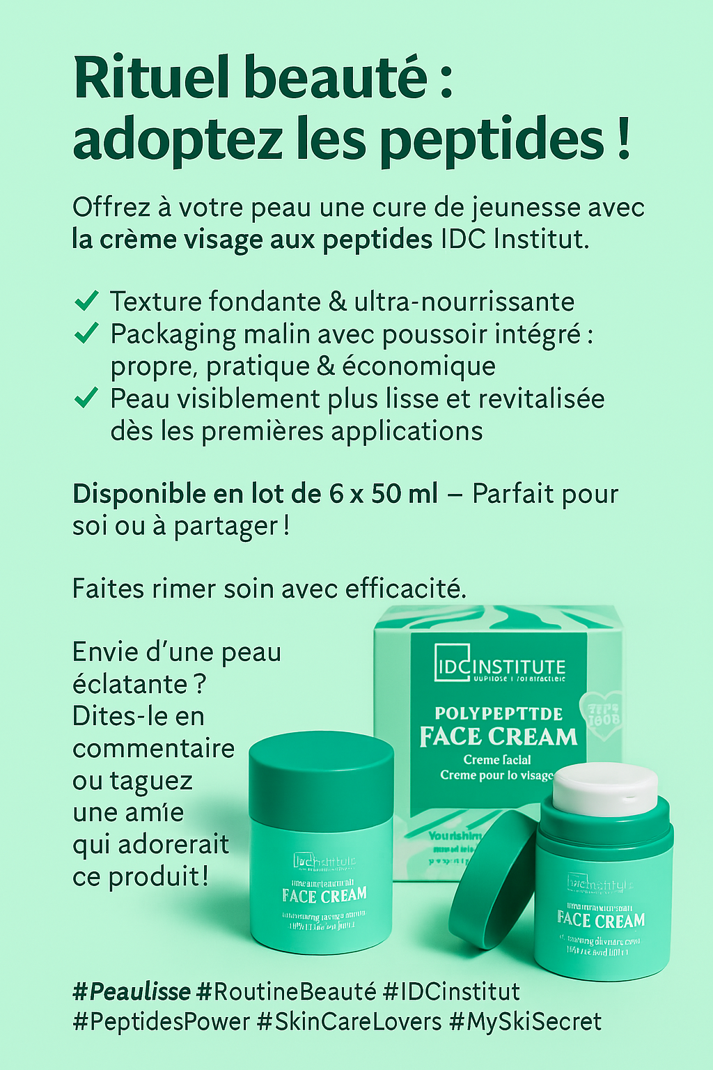 Rituel beauté : adoptez les peptides !  Offrez à votre peau une cure de jeunesse avec la crème visage aux peptides IDC Institut.